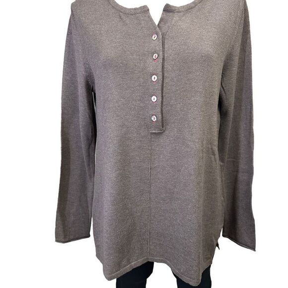 LILLA P Brown Cotton Blend Knit Pullover Henley Tunic Sweater size Large - Picture 3 of 9